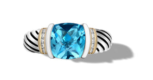 CLASSIC CABLE RING IN BLUE TOPAZ / DIAMONDS  IN SILVER & GOLD 