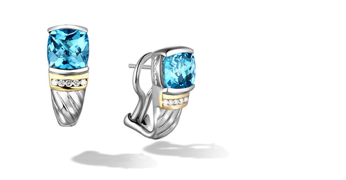 CLASSIC CABLE EARRINGS WITH BLUETOPAZ / DIAMONDS IN SILVER & GOLD 